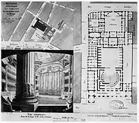 Plans de la salle Le Peletier en 1822 : plan de situation, plan du RdC et vue de la scène.