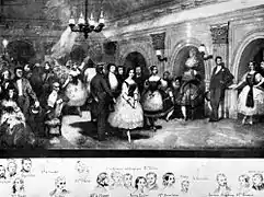 Lithographie d'Eugène Lami montrant quelques danseuses célèbres et leurs non moins célèbres mécènes au foyer de la danse en 1841.