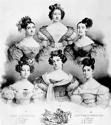 Lithographie de Lemercier à partir de dessins de Llanta représentant les premières ballerines de l'Opéra de Paris en 1832 : (2) Lise Noblet, (1) Marie Taglioni, (3) Constance Julia, (6) Alexis Dupont, (5) Amélie Legallois, et (4) Pauline Montessu