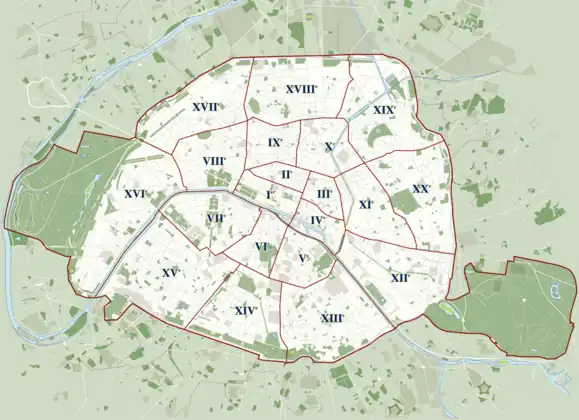 Paris (20 arrondissements et, depuis le 1er janvier 2019, 17 secteurs).