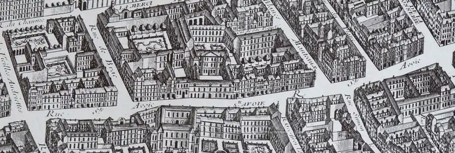 Rue Sainte-Avoie (ancien nom d'une partie de la rue du Temple) en 1739 (plan de Turgot, carte postale).