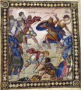Lutte de David contre Goliath, miniature du Psautier de Paris, Xe siècle.