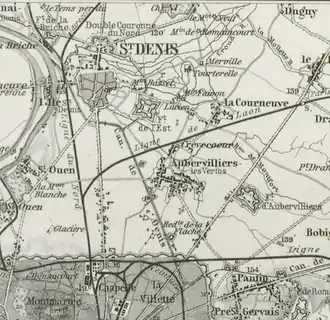 Carte de 1871 et indiquant les trois forts de Saint-Denis : La Briche, Double-Couronne du Nord et fort de l'Est