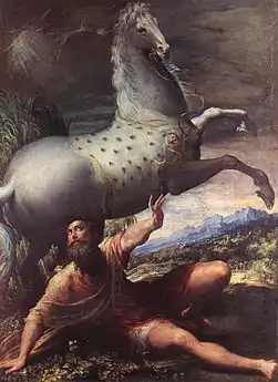Peinture en couleur d'un homme à terre devant un cheval cabré.