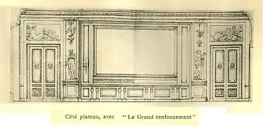 Paroi du côté opposé aux quatre croisées du grand salon de Bellevue, 1773. Non achevé à la mort de Louis XV en 1774. Archives nationales.