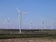 Un parc éolien composé d'une douzaine d'éoliennes blanches à trois pales.