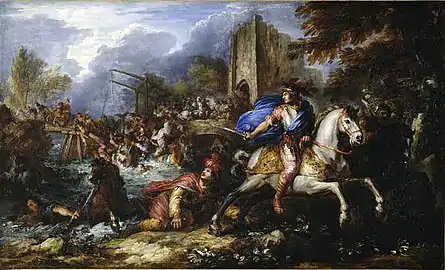 Bataille sur un pont-levis avec un cavalier fuyant sur le devant, Château de Versailles