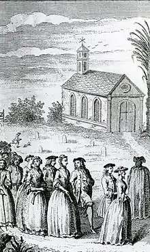 Dessin noir et blanc, paysage champêtre, église au fond à droite, au premier plan cortège de fidèles endimanchés.