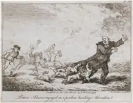 Dessin, gros plan à droite sur homme en soutane apeuré, meute de beagles aux basques, derrière quelques hommes.