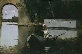 Partie de canots sous le pont de Poissy d'Ernest Giroux peinte dans la deuxième moitié du XIXe siècle.