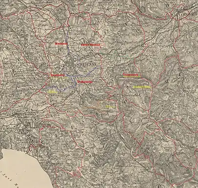 Carte de l'arrondissement de St Étienne de 1840, montrant les modifications de limites communales et les communes ayant intégré le territoire de la commune de St-Etienne depuis 1840
