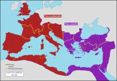 Empires romains d'Orient et d'Occident après la partition définitive en 395 EC.