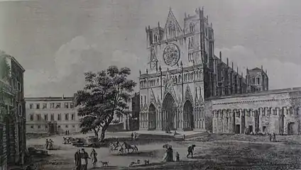 Gravure montrant le parvis d’une cathédrale et sa manécanterie.