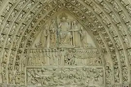 Le tympan du portail du Jugement dernier (XIIIe siècle, linteau XIXe siècle).