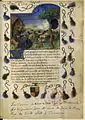 Décor de marges fait de flocs bleus et noirs, emblème de Louis de Luxembourg-Saint-Pol à qui est dédié le manuscrit du Pas de la bergère de Tarascon, BNF, Fr1974, f.1.