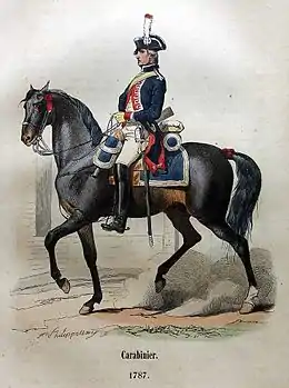 Carabinier à cheval de l'Ancien Régime (par Paul Philippoteaux, vers 1850).