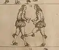 Coup de pied délivré dans le genou de l’agresseur, ici en « ringen », art de combat germanique – illustration baroque (Johann Georg Passchen, 1659)