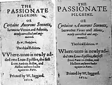 Deux versions de la page de titre d’une anthologie de poèmes, l'une affichant Shakespeare comme auteur alors que l'autre, plus tardive et corrigée, n'en mentionne pas.