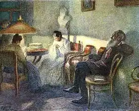 Sous la lampe. (Léon Tolstoï dans le cercle de famille). 1902