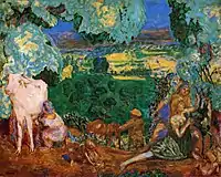 Tableau représentant un paysage luxuriant avec au premier plan des personnages allongés et une femme trayant une vache.