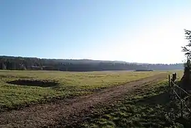 Vue sur la montagne du Droit, avec le parc d'éoliennes du mont Crosin, depuis un pré situé dans la commune des Breuleux.