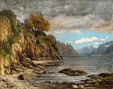 Paysage du lac Léman dans les Alpes, signé « G. Courbet ».