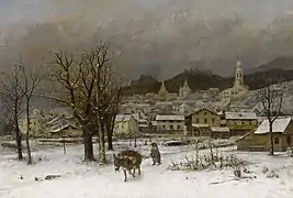 Paysage d'hiver avec vue sur une ville suisse en arrière-plan, peut-être Fribourg (1870).