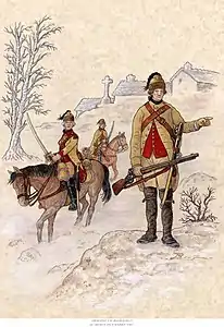 Soldats du régiment de troupes légères de Clermont-Prince en patrouille au début de l'année 1765.