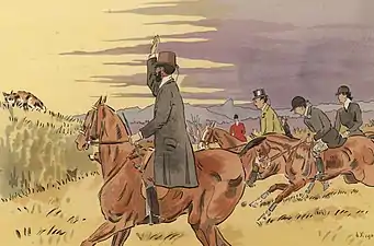 Illustration en couleurs d'hommes sur des chevaux dans un cadre champêtre.