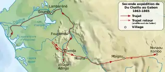 trajet du second voyage de Paul Belloni du Chaillu retranscrit sur une carte topographique moderne