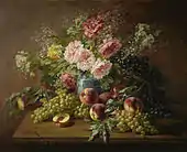 Nature morte avec fleurs, pêches et raisins (Still life with flowers, peaches and grapes), huile sure toile, 91,4 × 73,7 cm