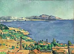 Le Golfe de Marseille vu depuis L'Estaque, 1885, Cézanne, peinture réalisée depuis le chemin de la Nerthe au-dessus des Riaux