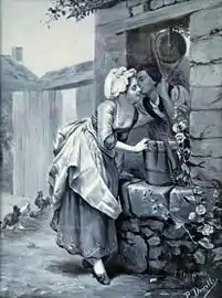 Scène galante près d'un puits, peinture en camaïeu sur porcelaine (1878)