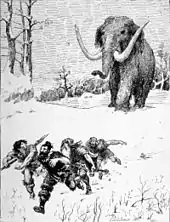 Dessin d'un mammouth marchant dans la neige avec trois hommes s'enfuyant devant lui.