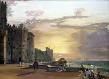 Peinture d'une terrasse au crépuscule. Le mur extérieur du château est visible à gauche et la bordure de la terrasse longe un promontoire. Quelques personnages habillés à la mode du XVIIIe siècle se promènent sur la terrasse.