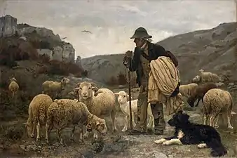 Attribué à Paul Vayson, Berger et ses moutons. Une eau-forte identique est publiée en 1883 dans le recueil La Cigale sous le titre : Le berger de la Camargue.