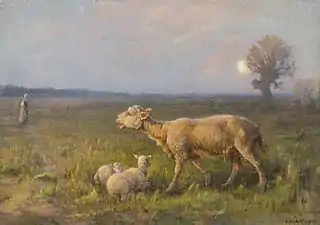Brebis et ses agneaux à l'aube.