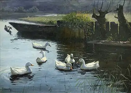 Enten am Bootsanleger mit Kopfweiden (c. 1924).