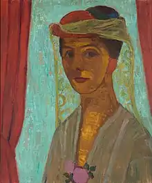 Peinture en buste d'une femme vue de trois quarts gauche, coiffée d'un chapeau à voilette, sur fond turquoise