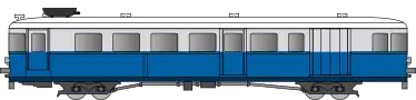 Autorail avec un bas de caisse bleu foncé, un haut de caisse gris clair et un toit blanc.