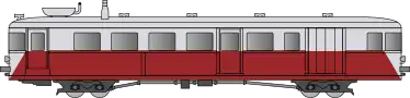 Autorail avec un bas de caisse rouge foncé et un haut de casse gris clair.