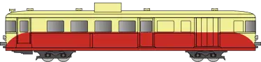 Autorail démotorisé avec un bas de caisse rouge et un haut de caisse crème.