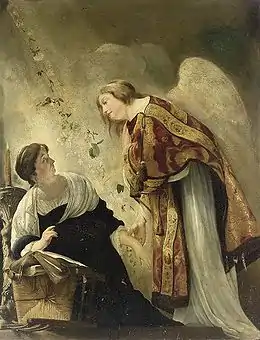 Peinture. L'ange s'incline vers Marie, dont le visage est âgé.