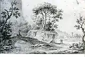 Vue d'un paysage avec pont en pierre et personnage sur un âne le traversant ; arbres au premier plan. Deux personnages dont un avec canne au loin et sur la droite en arrière-plan construction avec tour. Le dessin est abîmé peut-être par des taches d'humidité.