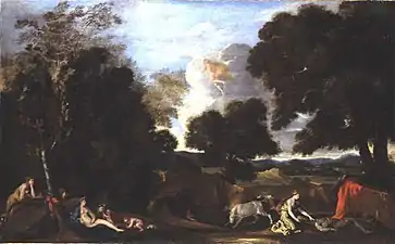 Paysage champêtre avec deux groupes de personnages à gauche et à droite, ainsi qu'un ange dans le ciel.