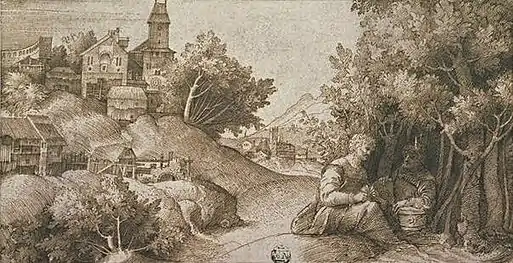 Giulio Campagnola,Paysage avec deux hommes assis près d'un taillis.