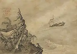 Paysage sous la tempête, Sesson Shukei, XVIe siècle, encre et couleurs légères sur papier, 22 x 31,4 cm.