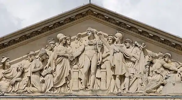 Le Génie de la France, sous les traits de Napoléon Ier, évoque Minerve, Mercure, la Paix et la Législation pour qu'elles succèdent à Mars et à l'appareil guerrier que la Victoire a rendu inutile (1811), détail, Paris, Cour carrée du palais du Louvre.