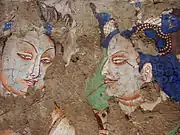 Orants écoutant une prédication du Bouddha. Peinture murale, provenant de Kucha. Fin VIe siècle - début VIIe siècle. Musée national des Arts asiatiques - Guimet.