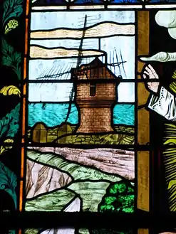 Le moulin de Crémeur, détail d'un vitrail de la chapelle de Pen-Bron